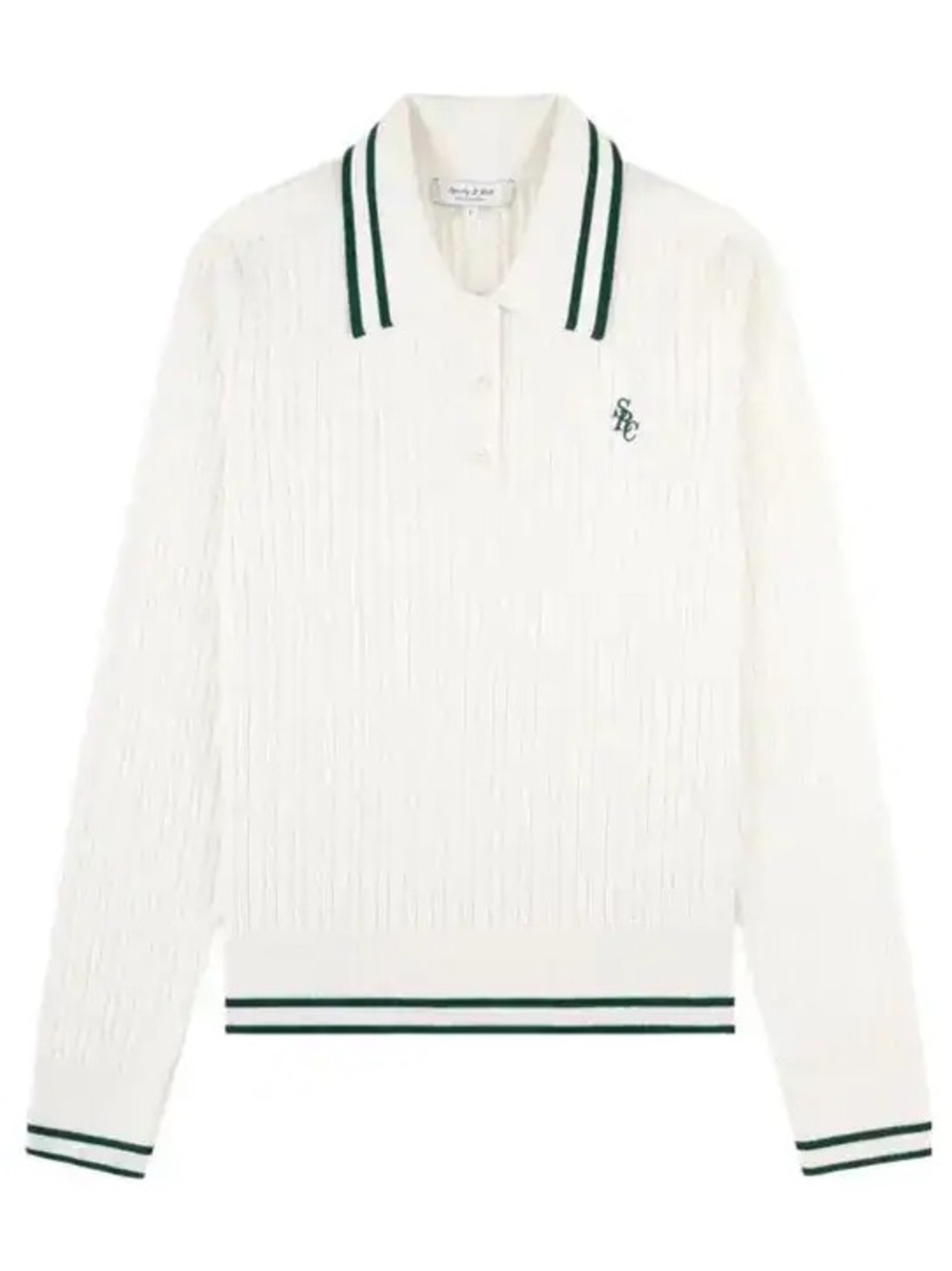 Sporty & Rich White Polo-Style Cable Knit Sweater with Green Trim